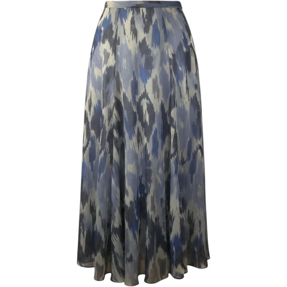Armand Ventilo Vintage Blue Ikat Silk Midi Skirt Size 10 Abstract Lined French